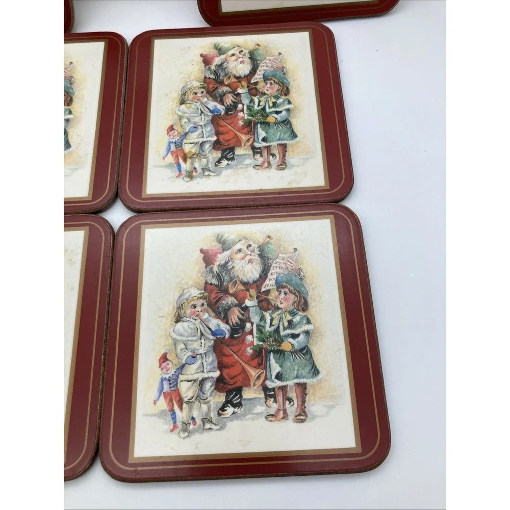 Vintage Set of 6 Pimpernel Father Christmas Coasters Cork Back Made England 4x4